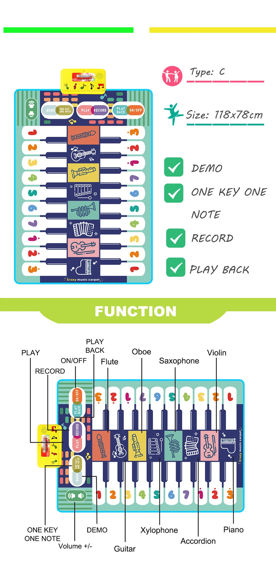 Tapis d’éveil musical multifonction bleu avec chiffres pour enfants