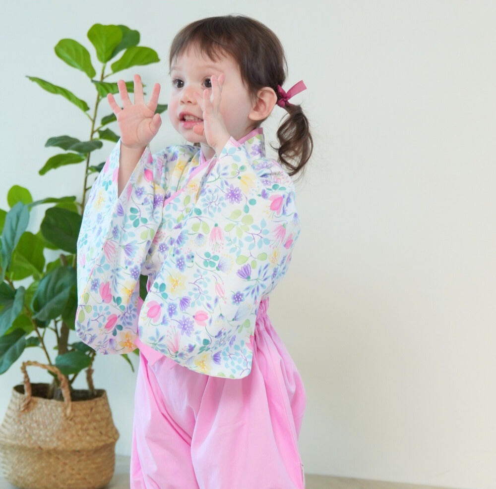 Kimono rétro rose pour bébé avec haut à manches courtes