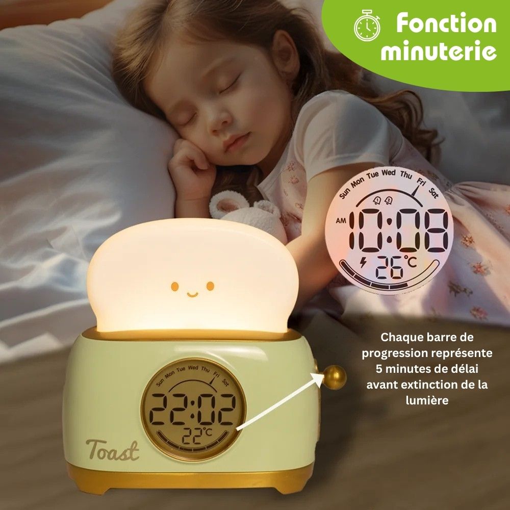 Veilleuse grille pain avec horloge numérique et alarme