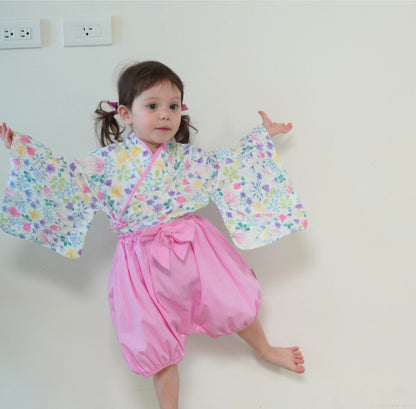 Kimono rétro rose pour bébé avec haut à manches courtes