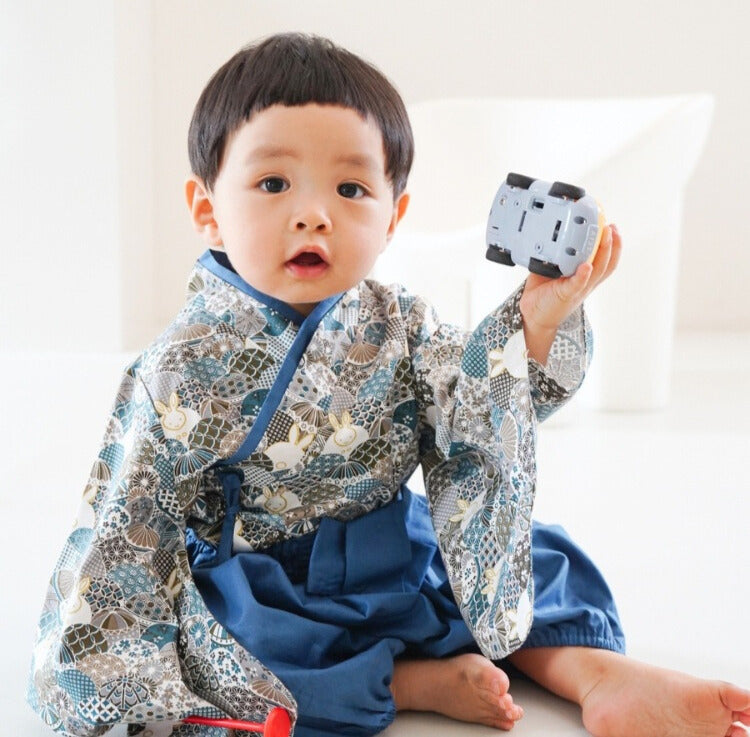 Kimono rétro bleu et gris pour bébé avec haut à manches courtes