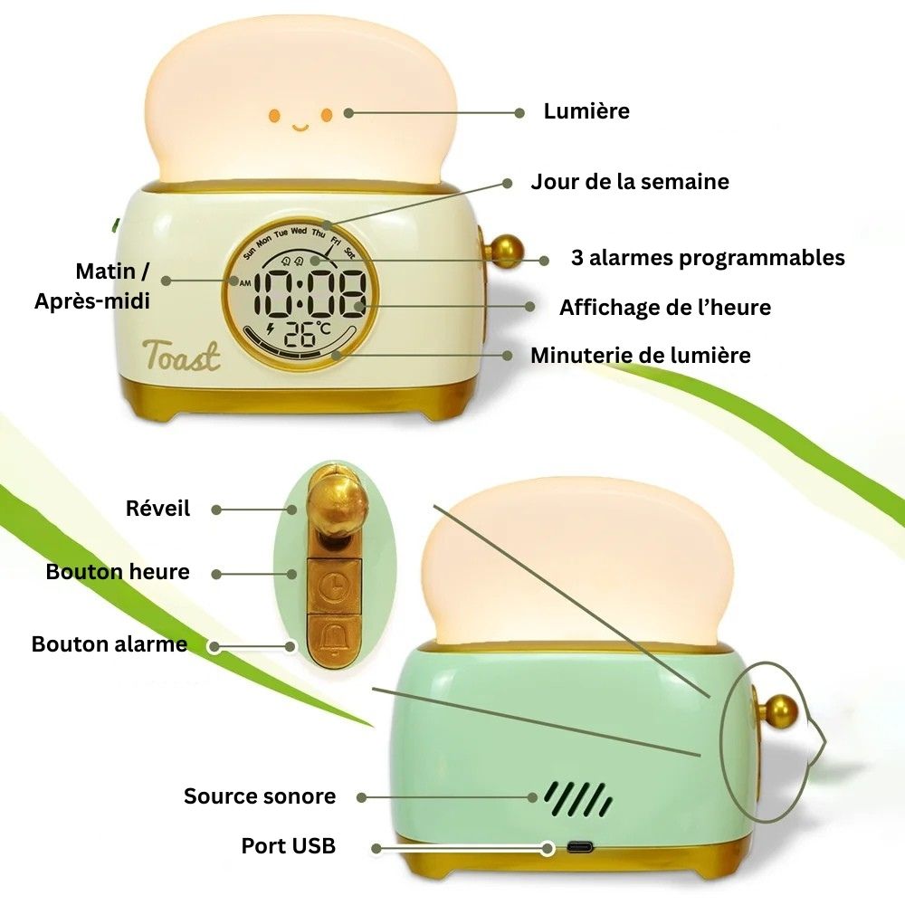 Veilleuse grille pain avec horloge numérique et alarme