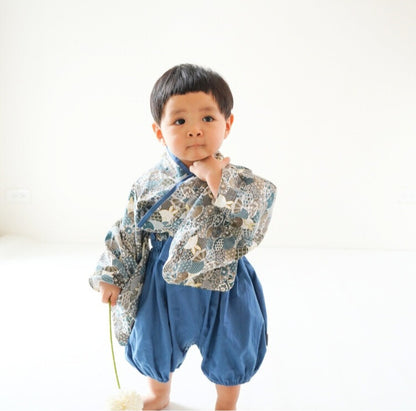 Kimono rétro bleu et gris pour bébé avec haut à manches courtes