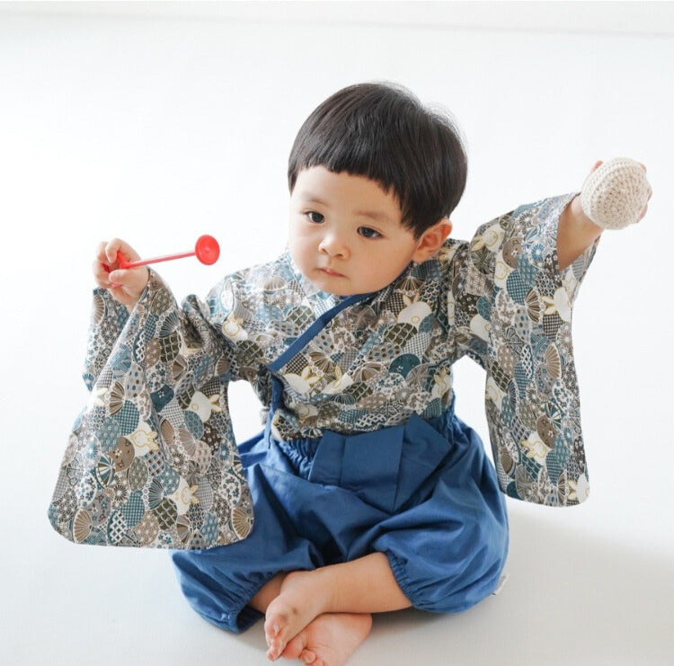 Kimono rétro bleu et gris pour bébé avec haut à manches courtes
