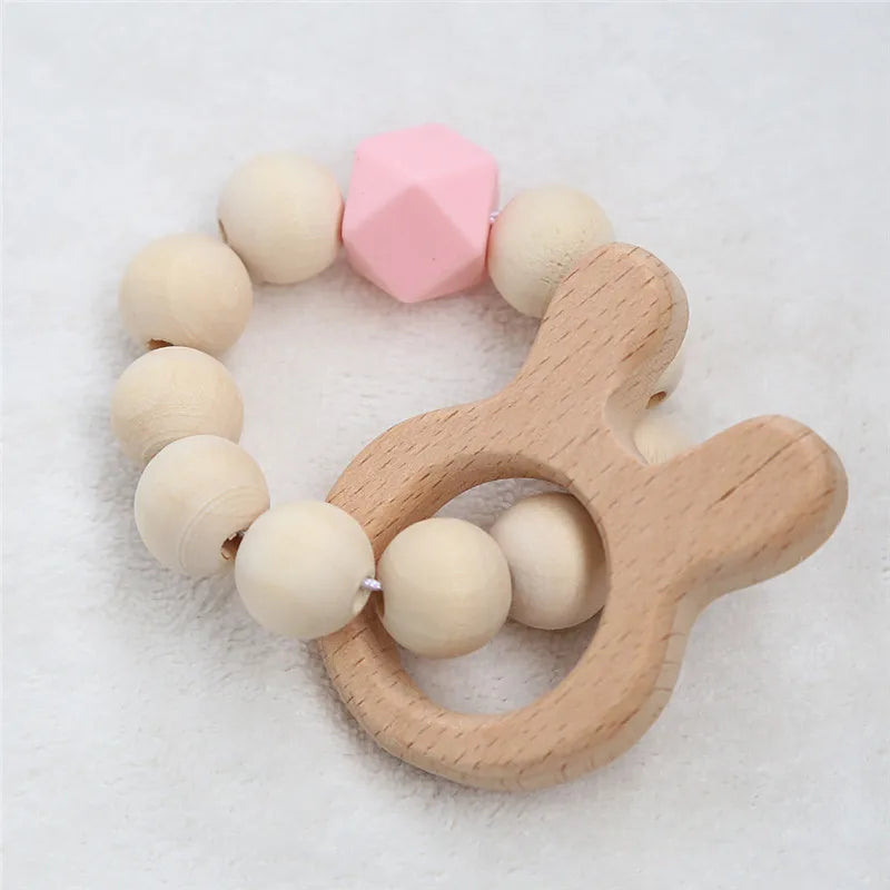 Hochet de dentition en bois de hêtre pour bébé