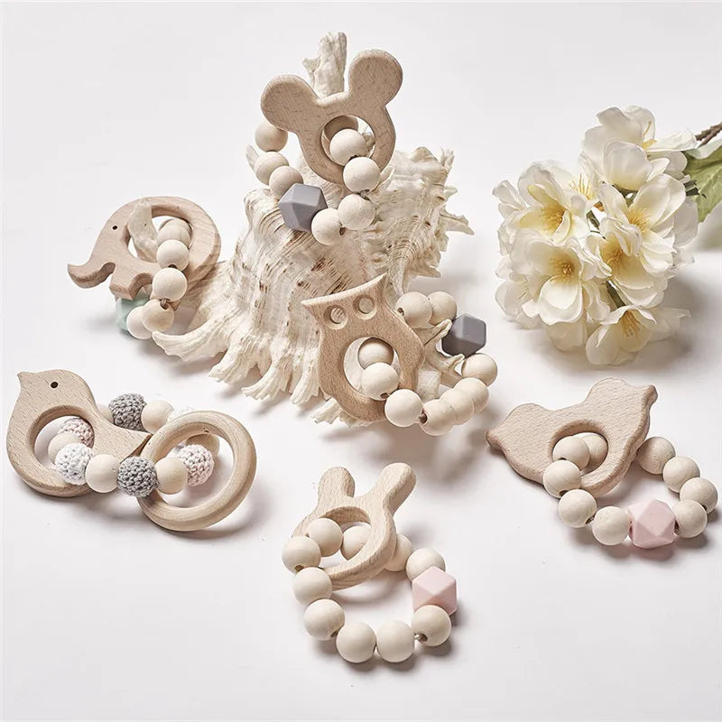 Hochet de dentition en bois de hêtre pour bébé