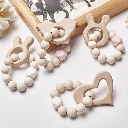 Hochet de dentition en bois de hêtre pour bébé