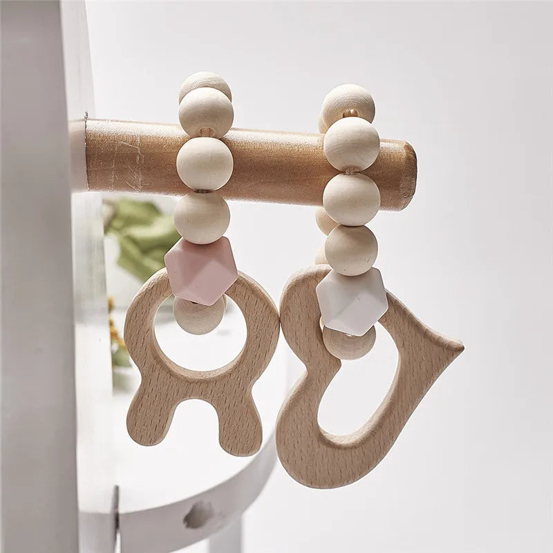 Hochet de dentition en bois de hêtre pour bébé