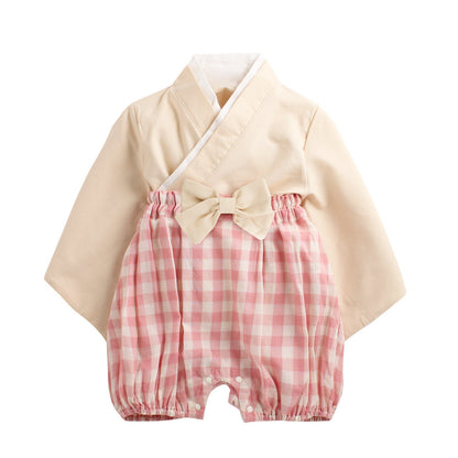 Kimono rétro beige et rose pour bébé avec haut à manches courtes