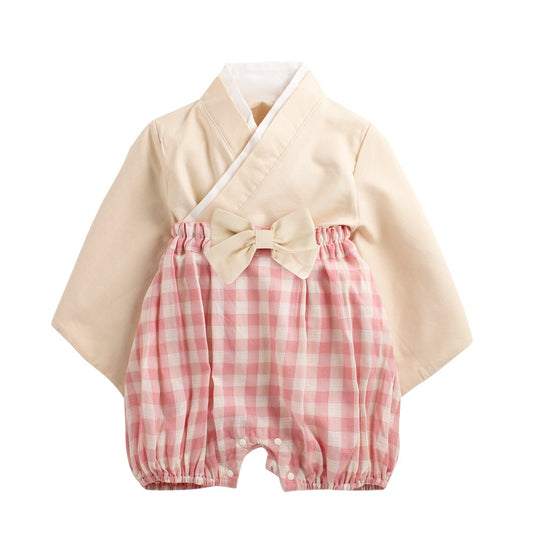 Kimono rétro beige et rose pour bébé avec haut à manches courtes