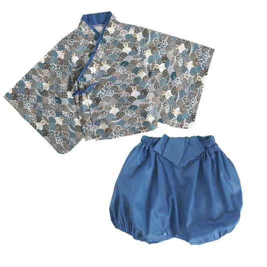 Kimono rétro bleu et gris pour bébé avec haut à manches courtes