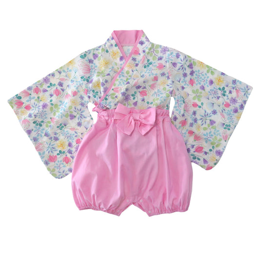Kimono rétro rose pour bébé avec haut à manches courtes