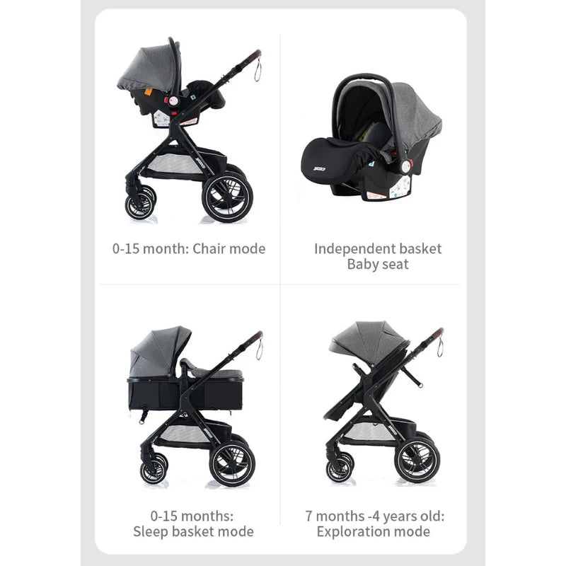 Poussette luxueuse 3 en 1 pour nouveau-né pliable