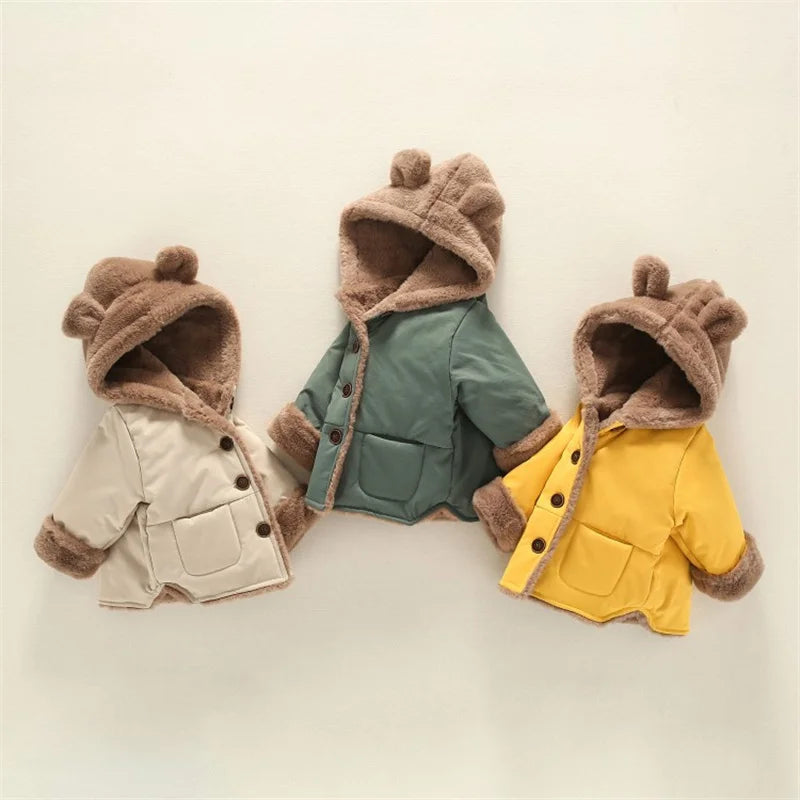 Manteau épais chaud en velours à capuche motif oreille d’ours