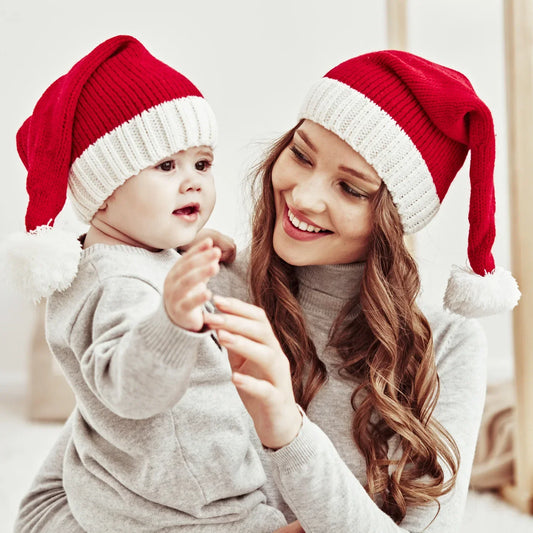 Joli Bonnet de Noël à pompon unisexe pour maman et bébé