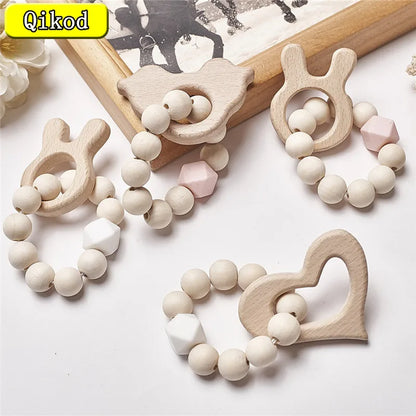 Hochet de dentition en bois de hêtre pour bébé