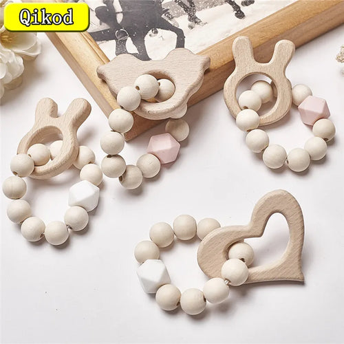 Hochet de dentition en bois de hêtre pour bébé