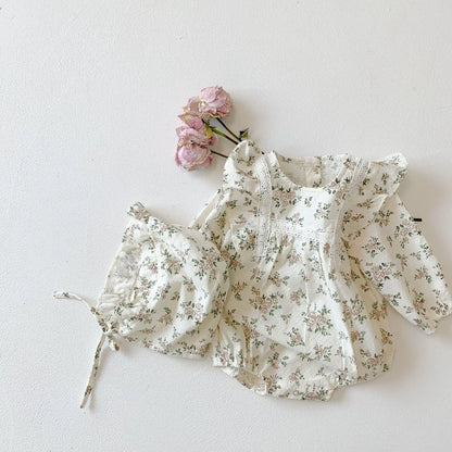 Ensemble barboteuse à manches longues et chapeau fleuri pour bébé