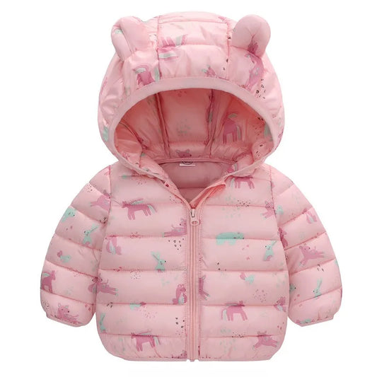 Doudoune bébé fille rose avec capuche à petites oreilles
