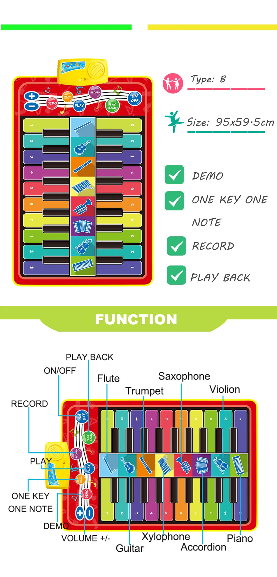 Tapis d’éveil musical multifonction couleur arc en ciel pour enfants