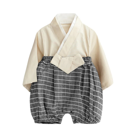 Kimono rétro beige et gris pour bébé avec haut à manches courtes