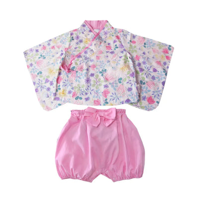 Kimono rétro rose pour bébé avec haut à manches courtes