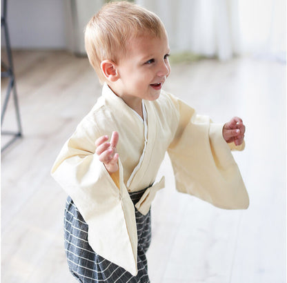 Kimono rétro beige et gris pour bébé avec haut à manches courtes